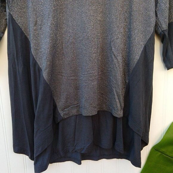 LOGO Lori Goldstein V Neck Metallic Stripe Layered Tunic Top Size S Silver Gray - Picture 2 of 5